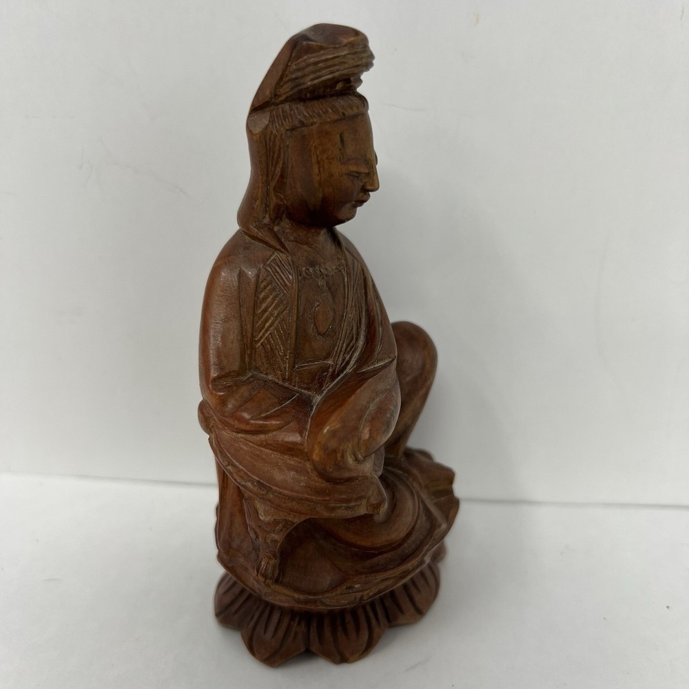 Hand Carved Wood Guanyin Bodhisattva Statuette Asian Royal Ease Pose Figure 4.8" - Picture 3 of 16
